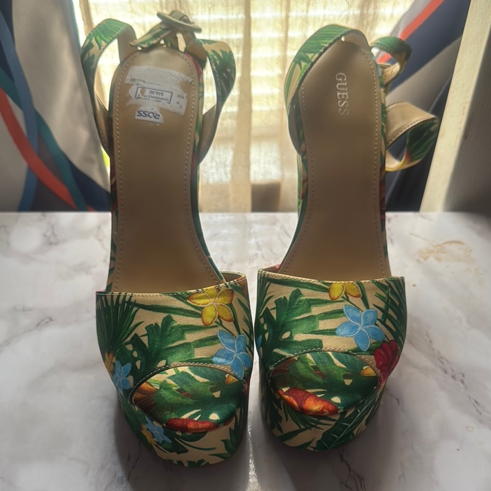 Guess Women's Tropical Floral Platform Heels - Green Multi